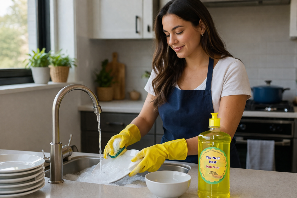 A women using liquid dish wash in her kitchen.